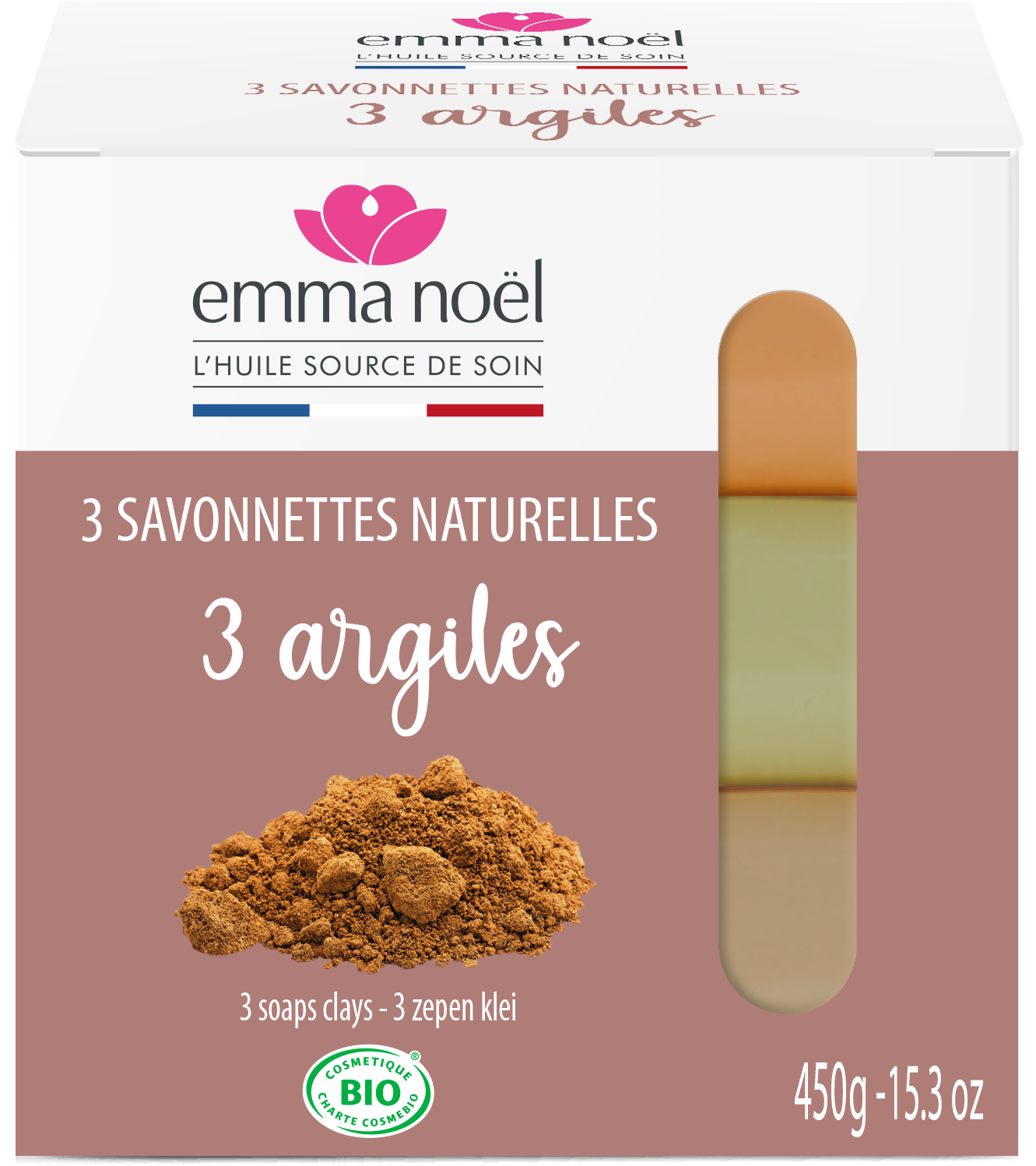 Emma Noël -- Savonnettes 3 argiles bio - 3 x 150 g